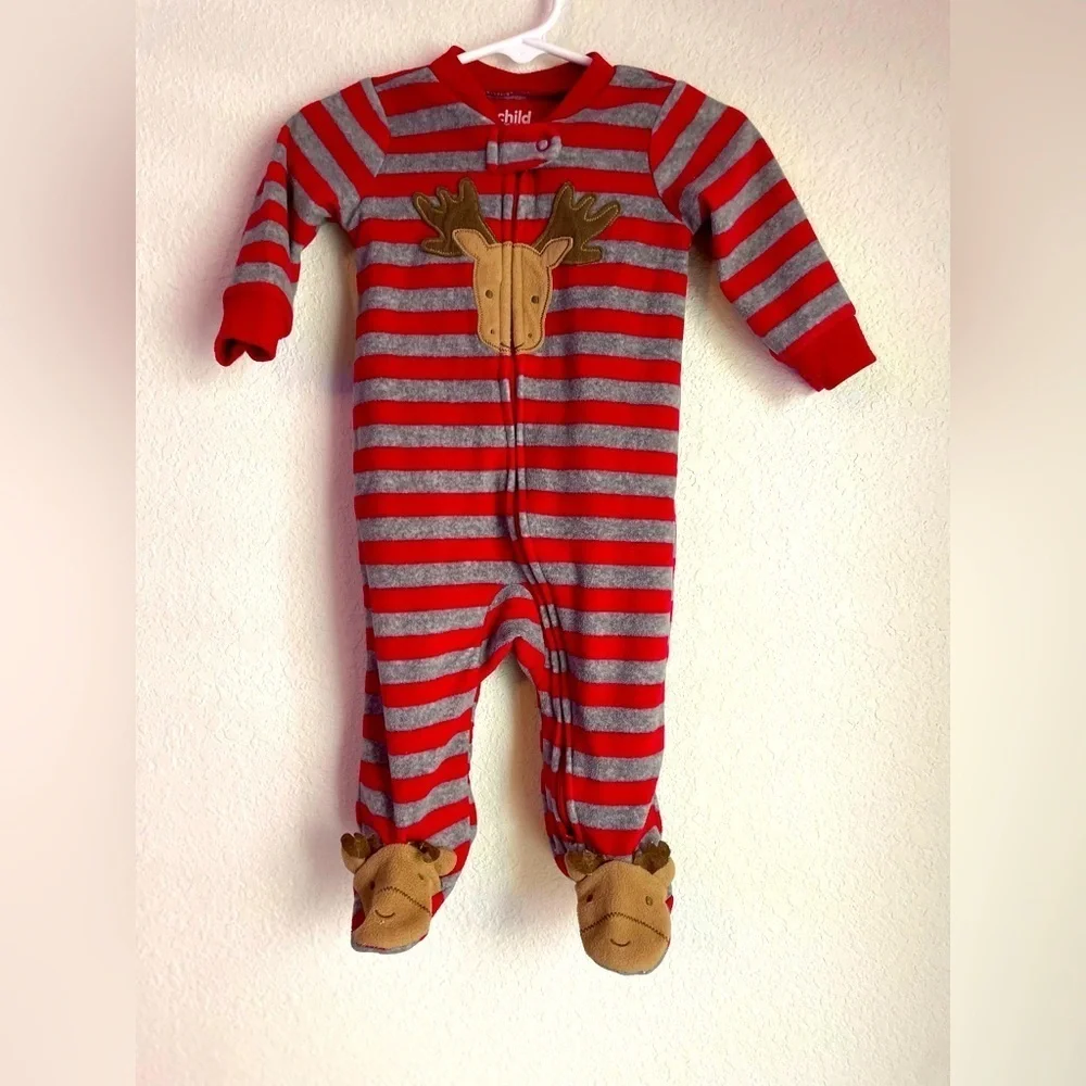 Carter's Fleece Warm and Cozy Red and Gray Striped Footie with Moose size 3/6M